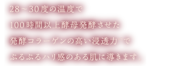 28～30度の温度で100時間以上酵母発酵させた発酵コラーゲンの高い浸透力(＊3)でぷるぷるハリ感のある肌に導きます。