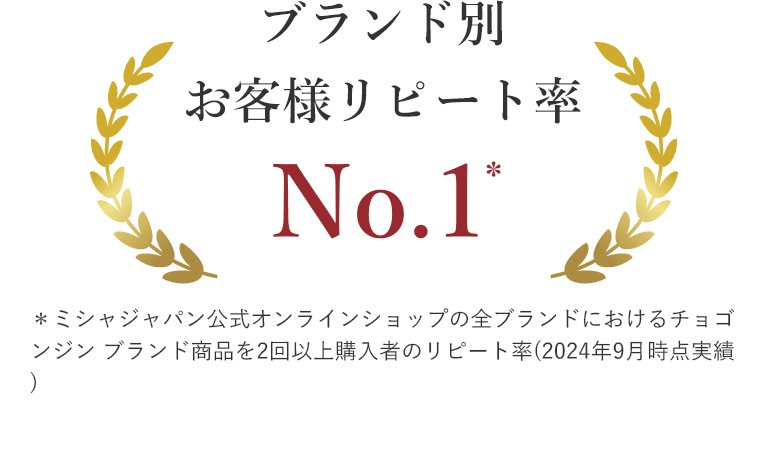 ブランド別お客様リピート率ナンバーワン＊ ＊ミシャジャパン公式オンラインショップの全ブランドにおけるチョゴンジン ブランド商品を2回以上購入者のリピート率(2024年9月時点実績)