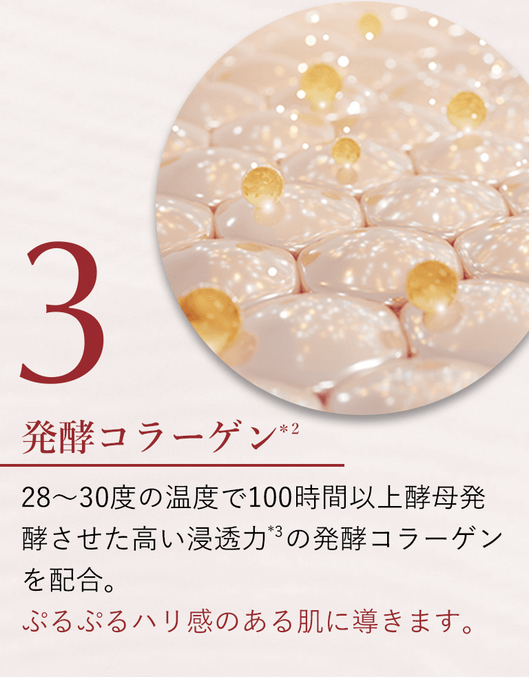 発酵コラーゲン＊228～30度の温度で100時間以上酵母発酵させた高い浸透力＊3の発酵コラーゲンを配合。ぷるぷるハリ感のある肌に導きます。