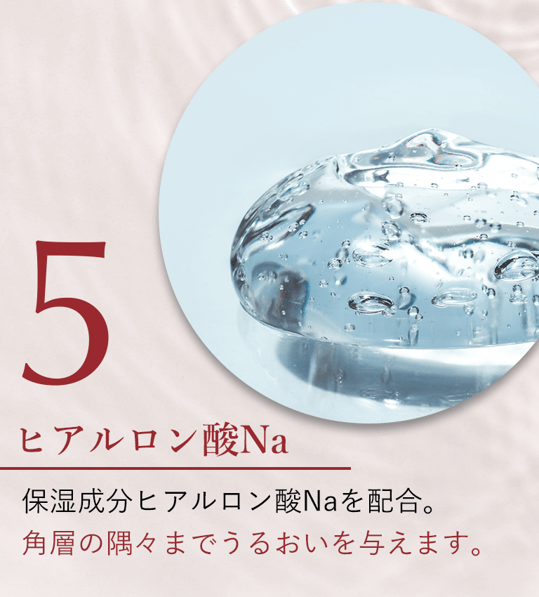 ヒアルロン酸Na 保湿成分ヒアルロン酸Naを配合。角層の隅々までうるおいを与えます。