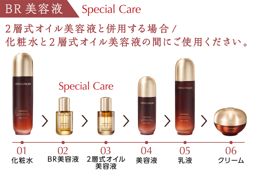 [BR美容液2] 2層式オイル美容液と併用する場合/化粧水と2層式オイル美容液の間にご使用ください。