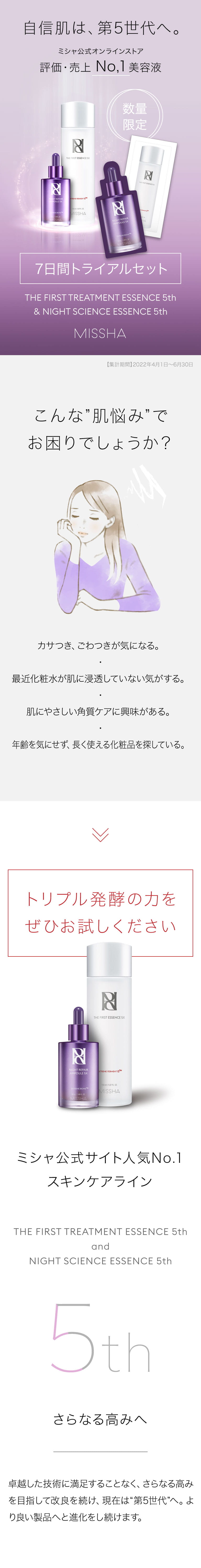 自信肌は、第5世代へ。ミシャ公式オンラインストア評価・売上ナンバーワン美容液（集計期間2022年4月1日から6月30日） ザ ファースト トリートメント エッセンス 5th、ナイト サイエンス エッセンス 5th 7日間トライアルセット こんな”肌悩み”でお困りでしょうか？カサつき、ごわつきが気になる。最近化粧水が肌に浸透していない気がする。肌にやさしい角質ケアに興味がある。年齢を気にせず、長く使える化粧品を探している。トリプル発酵の力をぜひお試しください ミシャ公式サイト人気No.1 スキンケアライン さらなる高みへ 卓越した技術に満足することなく、さらなる高みを目指して改良を続け、現在は“第5世代”へ。より良い製品へと進化をし続けます。