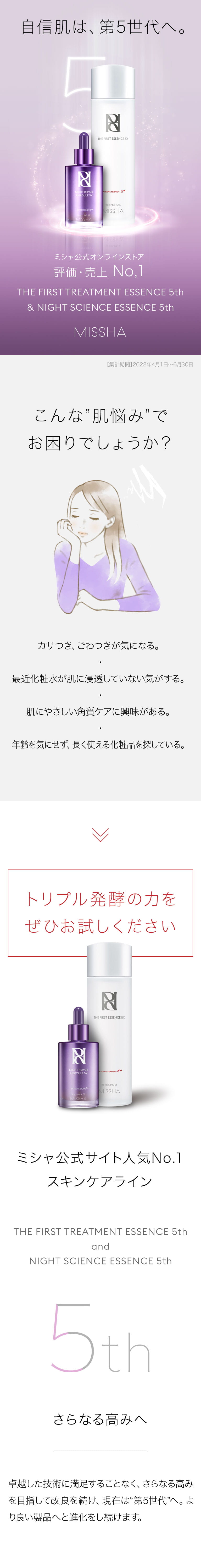 自信肌は第5世代へ。ミシャ公式オンラインストア評価・売上ナンバーワン（集計期間2022年4月1日から6月30日） ザ ファースト トリートメント エッセンス 5th、ナイト サイエンス エッセンス 5th こんな”肌悩み”でお困りでしょうか？カサつき、ごわつきが気になる。最近化粧水が肌に浸透していない気がする。肌にやさしい角質ケアに興味がある。年齢を気にせず、長く使える化粧品を探している。トリプル発酵の力をぜひお試しください ミシャ公式サイト人気No.1 スキンケアライン さらなる高みへ 卓越した技術に満足することなく、さらなる高みを目指して改良を続け、現在は“第5世代”へ。より良い製品へと進化をし続けます。