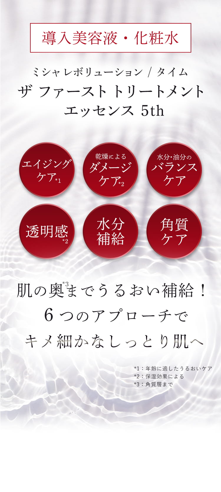 導入美容液・化粧水 ミシャレボリューション / タイム ザ ファーストトリートメント エッセンス 5th エイジングケア※1 乾燥によるダメージケア※2 水分・油分のバランスケア 透明感※2 水分補給 角質ケア 肌の奥※3までうるおい補給！６つのアプローチでキメ細かなしっとり肌へ ※1：年齢に適したうるおいケア ※2：保湿効果による ※3：角質層まで