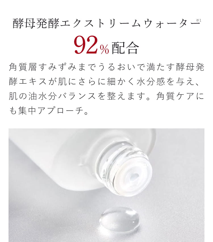 酵母発酵エクストリームウォーター92% 配合 角質層すみずみまでうるおいで満たす酵母発酵エキスが肌にさらに細かく水分感を与え、肌の油水分バランスを整えます。角質ケアにも集中アプローチ。※1 精製水+プロパンジオール＋１,２－ヘキサンジオール＋ナイアシンアミド＋酵母発酵エキス