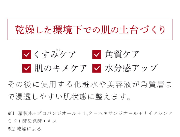 乾燥した環境下での肌の土台づくり くすみ※2ケア 角質ケア 肌のキメケア 水分感アップ その後に使用する化粧水や美容液が角質層まで浸透しやすい肌状態に整えます。※2 乾燥による