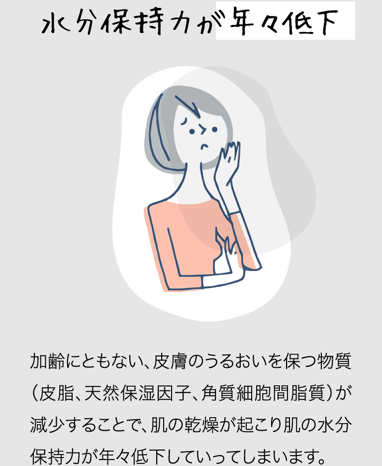 水分保持力が年々低下 加齢にともない、皮膚のうるおいを保つ物質（皮脂、天然保湿因子、角質細胞間脂質）が減少することで、肌の乾燥が起こり肌の水分保持力が年々低下していってしまいます。