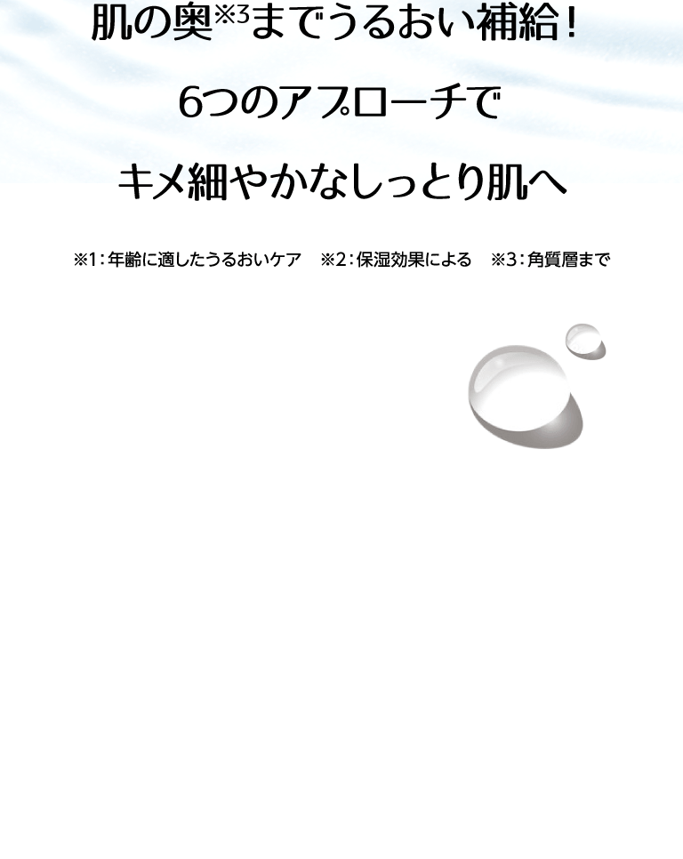 肌の奥※3までうるおい補給！６つのアプローチでキメ細かなしっとり肌へ ※1：年齢に適したうるおいケア ※2：保湿効果による ※3：角質層まで