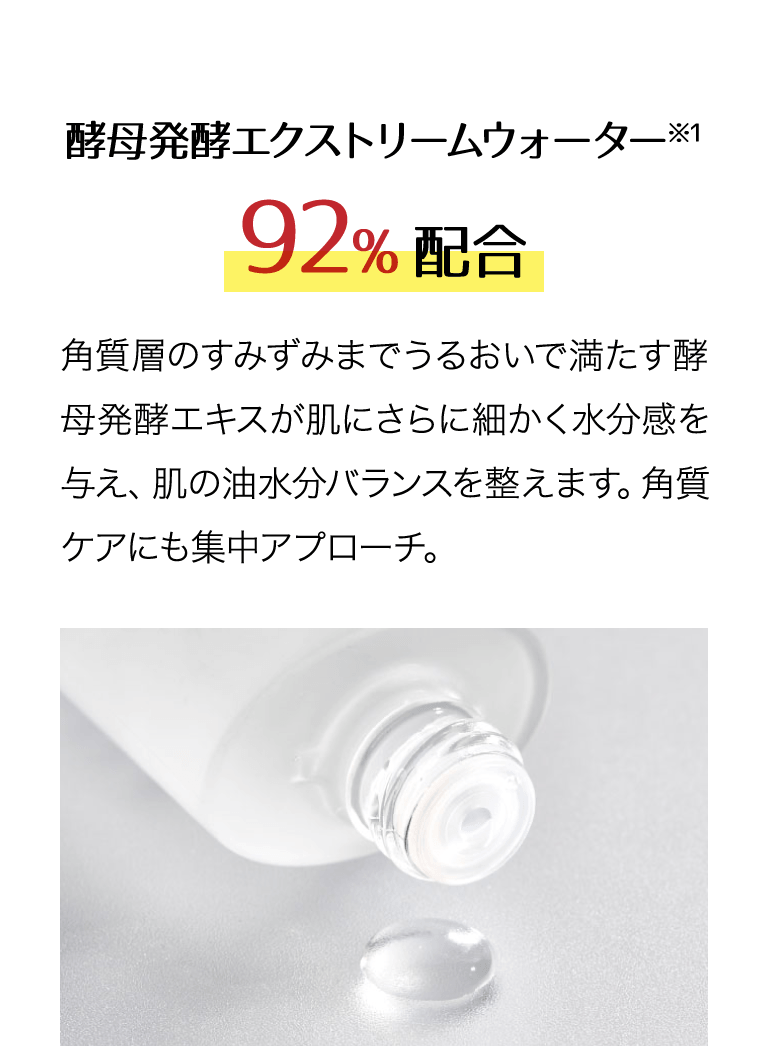 酵母発酵エクストリームウォーター92% 配合 角質層すみずみまでうるおいで満たす酵母発酵エキスが肌にさらに細かく水分感を与え、肌の油水分バランスを整えます。角質ケアにも集中アプローチ。※1 精製水+プロパンジオール＋１,２－ヘキサンジオール＋ナイアシンアミド＋酵母発酵エキス