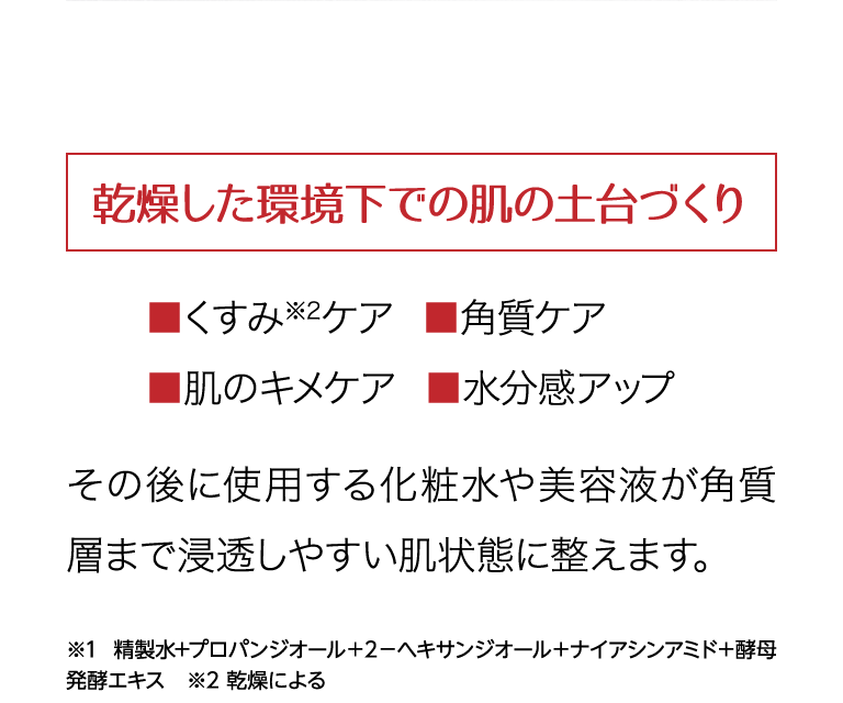 乾燥した環境下での肌の土台づくり くすみ※2ケア 角質ケア 肌のキメケア 水分感アップ その後に使用する化粧水や美容液が角質層まで浸透しやすい肌状態に整えます。※2 乾燥による