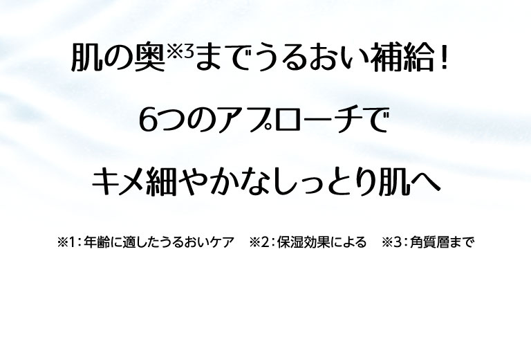 肌の奥※3までうるおい補給！６つのアプローチでキメ細かなしっとり肌へ ※1：年齢に適したうるおいケア ※2：保湿効果による ※3：角質層まで