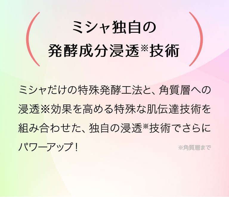 ミシャ独自の発酵成分浸透※技術 ミシャだけの特殊発酵工法と、角質層への浸透※効果を高める特殊な肌伝達技術を組み合わせた、独自の浸透※技術でさらにパワーアップ！※角質層まで