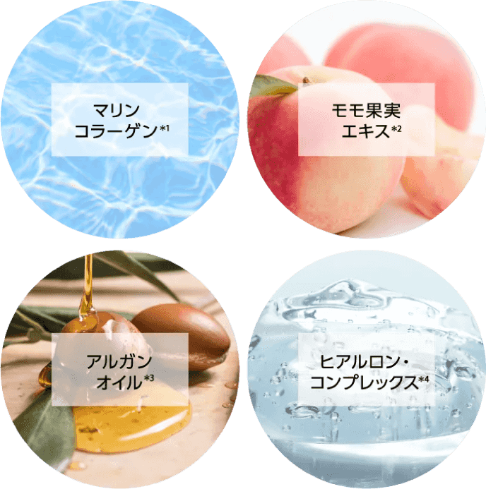 マリンコラーゲン*1 モモ果実エキス*2 アルガンオイル*3 ヒアルロン・コンプレックス*4