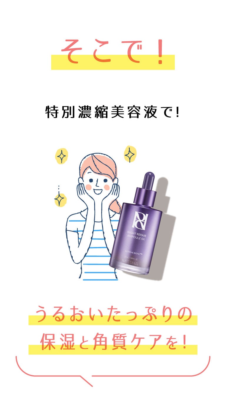 そこで！特別濃縮美容液で、うるおいたっぷりの保湿と角質ケアを