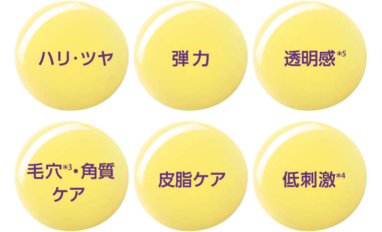 ハリ・ツヤ/弾力/透明感(*5)/毛穴(*3)・角質ケア/皮脂ケア/低刺激(*4)