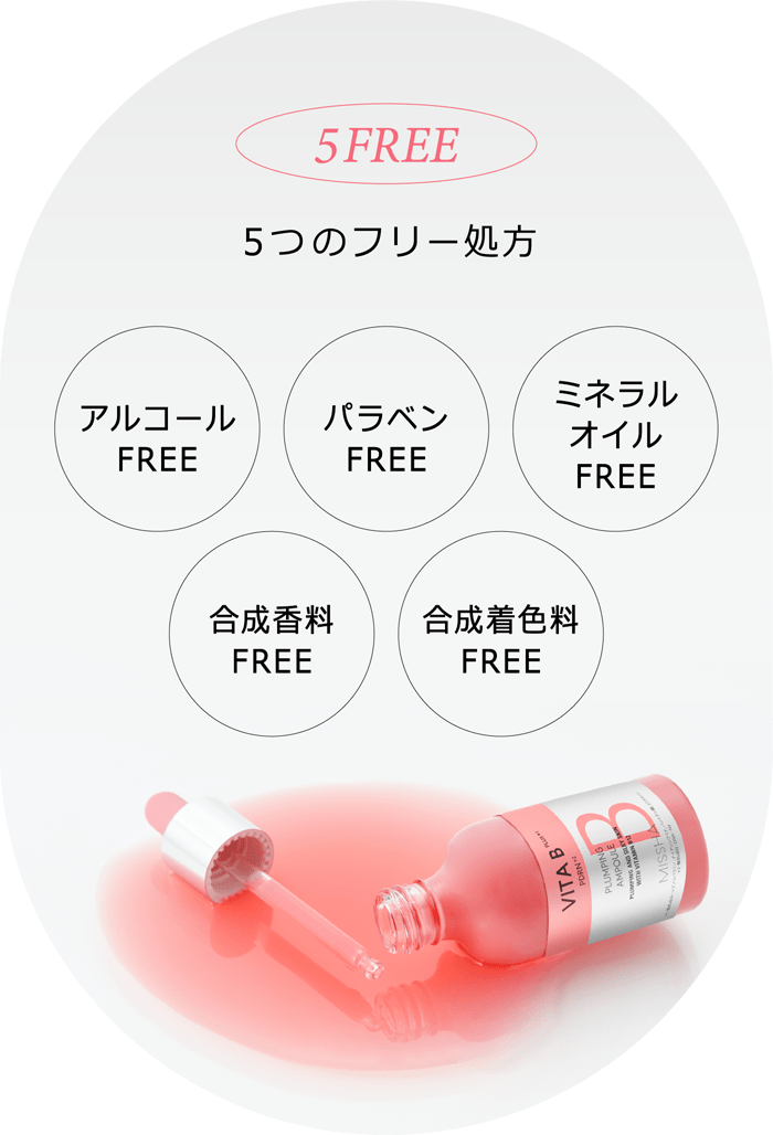 [5つのフリー処方] アルコールフリー／パラベンフリー／ミネラルオイルフリー／合成香料フリー／合成着色料フリー