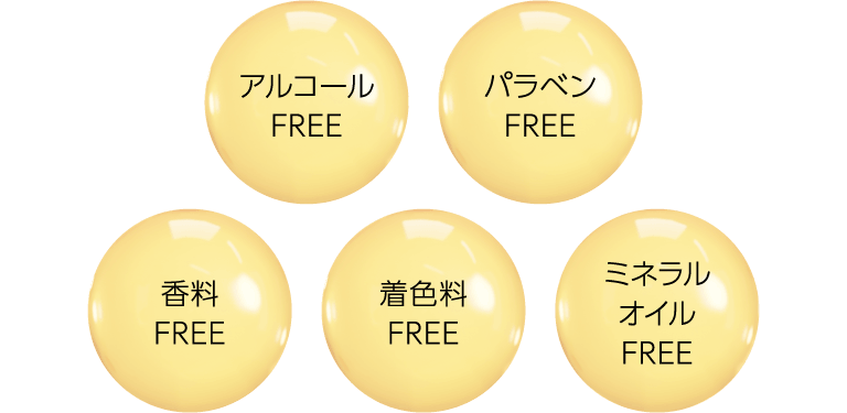 アルコールFREE パラベンFREE 香料FREE 着色料FREE ミネラルオイルFREE
