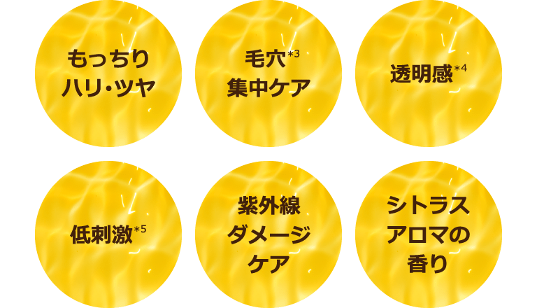 もっちりハリ・ツヤ/毛穴(*3)集中ケア/透明感(*4)/低刺激(*5)/紫外線ダメージケア/シトラスアロマの香り