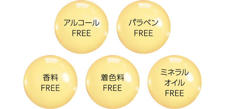 アルコールFREE パラベンFREE 香料FREE 着色料FREE ミネラルオイルFREE