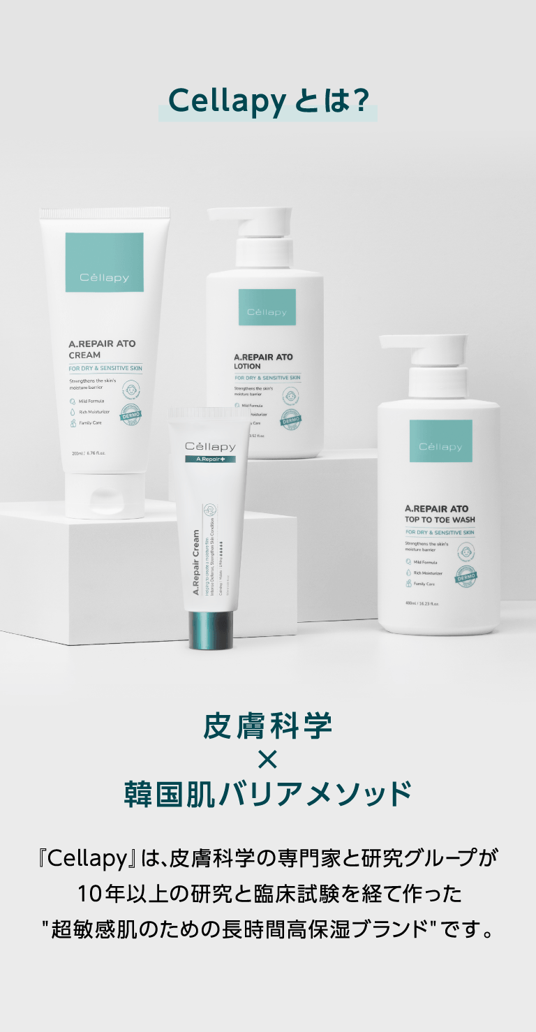 Cellapyとは? 皮膚科学×韓国肌バリアメソッド 『Cellapy』は、皮膚科学の専門家と研究グループが10年以上の研究と臨床試験を経て作った超敏感肌のための長時間高保湿ブランドです。