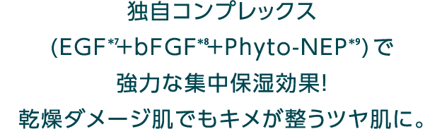独自コンプレックス(EGF＊7＋bFGF＊8＋Phyto-NEP＊9)で強力な集中保湿効果！乾燥ダメージ肌でもキメが整うツヤ肌に。