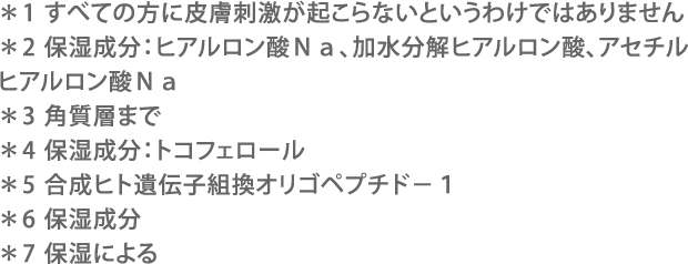 ＊1 すべての方に皮膚刺激が起こらないというわけではありません ＊2 保湿成分：ヒアルロン酸Ｎａ、加水分解ヒアルロン酸、アセチルヒアルロン酸Ｎａ ＊3 角質層まで ＊4 保湿成分：トコフェロール ＊5 合成ヒト遺伝子組換オリゴペプチド-１ ＊6 保湿成分 ＊7 保湿による