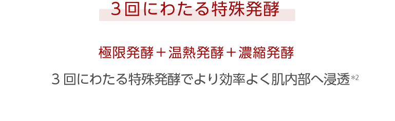 3回にわたる特殊発酵 極限発酵＋温熱発酵＋低温真空 3回にわたる特殊発酵でより効率よく肌内部へ浸透＊2