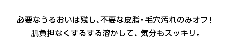 必要なうるおいは残し、不要な皮脂・毛穴汚れのみオフ！ 肌負担なくするする溶かして、気分もスッキリ。